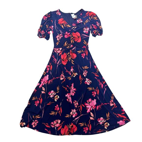 Vince Camuto Floral V-Neck‎ Midi Dress Size 4 Navy Pink Ruched Feminine Romantic - Picture 9 of 15